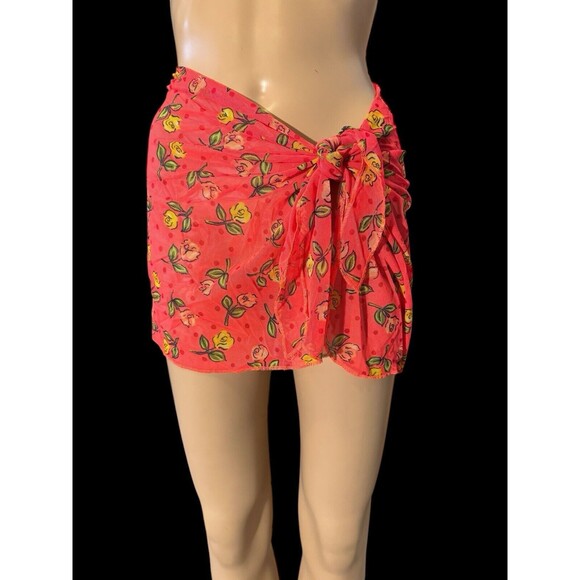 Vintage 90s Sarong Skirt Swim Coverup ONE SIZE Side Tie Neon Tropical Mini - Picture 2 of 6